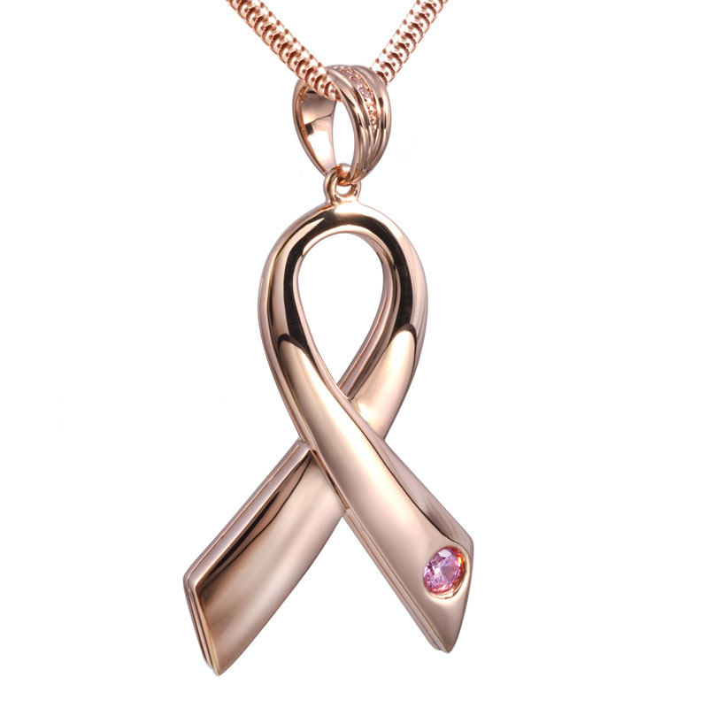 Image of Breast Cancer Ribbon Cremation Pendant - Gold Vermeil, Pink Rhinestone, Jewelry Yellow