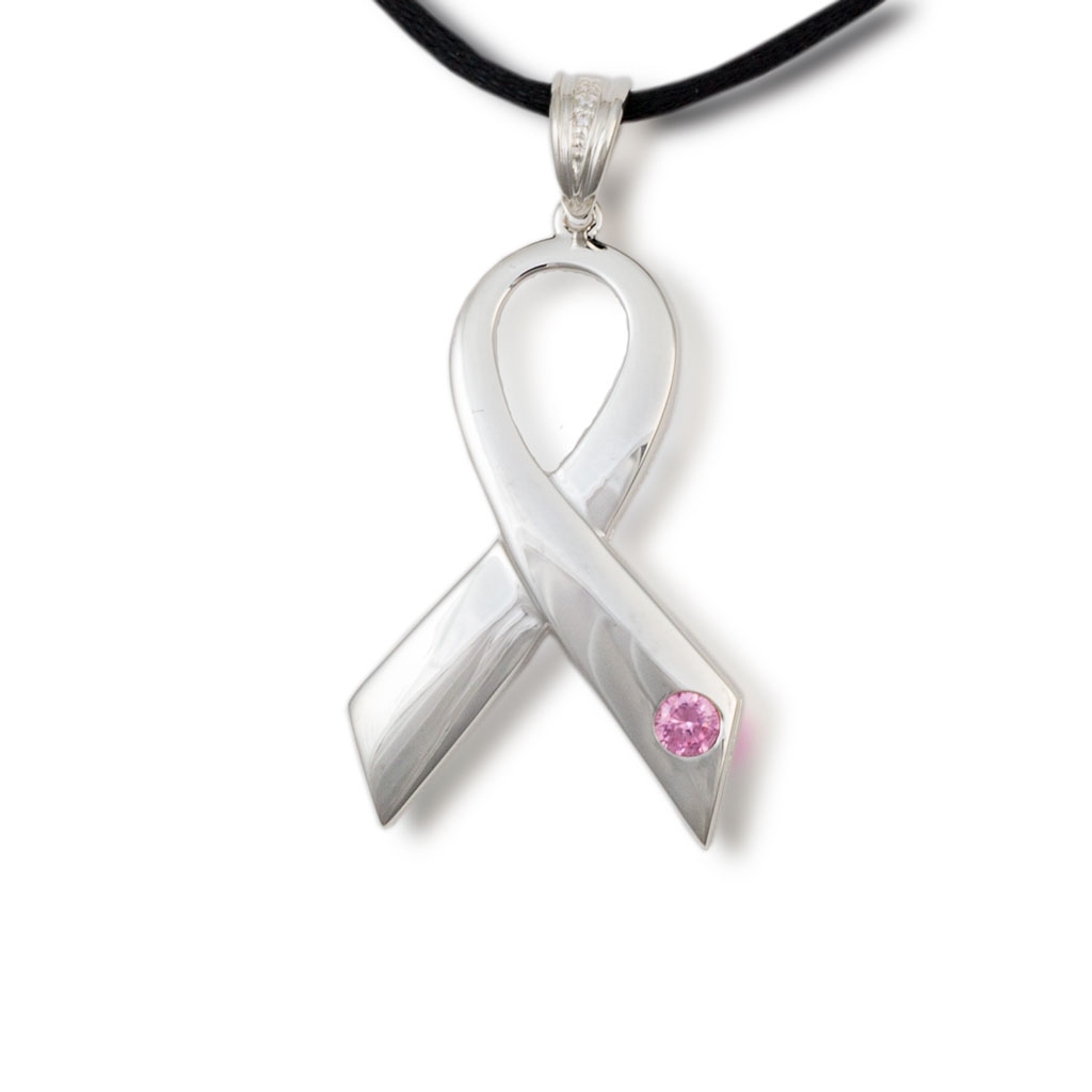 Image of Breast Cancer Ribbon Cremation Pendant - Polished Sterling Silver, Jewelry, Pink Rhinestone Jewelry Gray