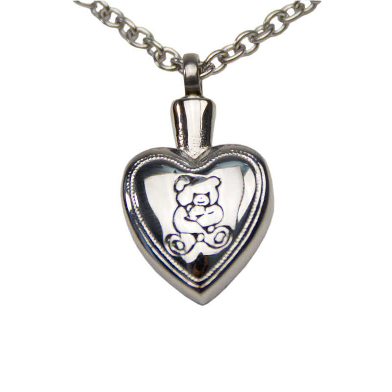 Image of Teddy Bear Heart Cremation Pendant - Stainless Steel, Jewelry Gray