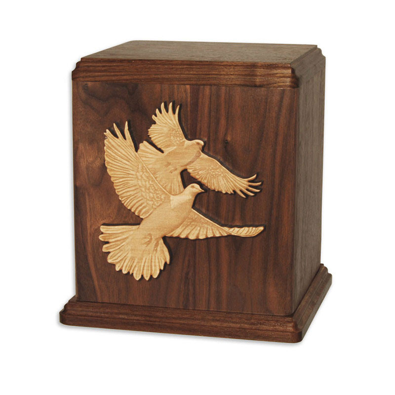 Image of White Doves Wooden Cremation Urn, Urns for Ashes