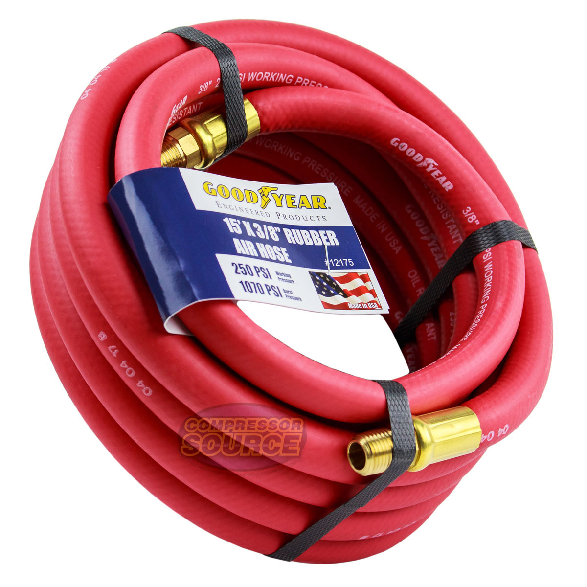 Goodyear 8ft X 5/16in Rubber Air Hose Whip - 250 PSI, Oil Resistant, Red, For Air Compressor