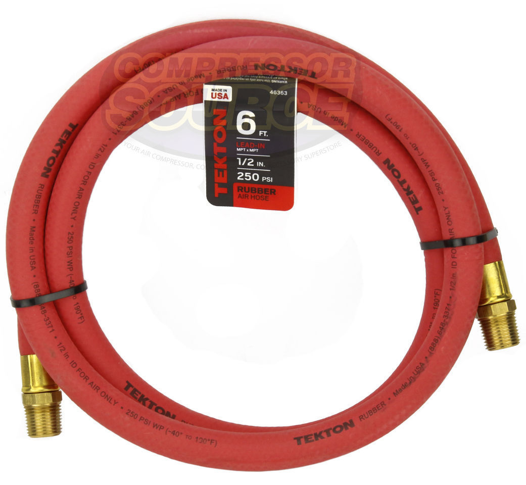 Tekton 1/2" x 6' ft Rubber Air Hose Whip Lead 250 PSI Brass Ends USA