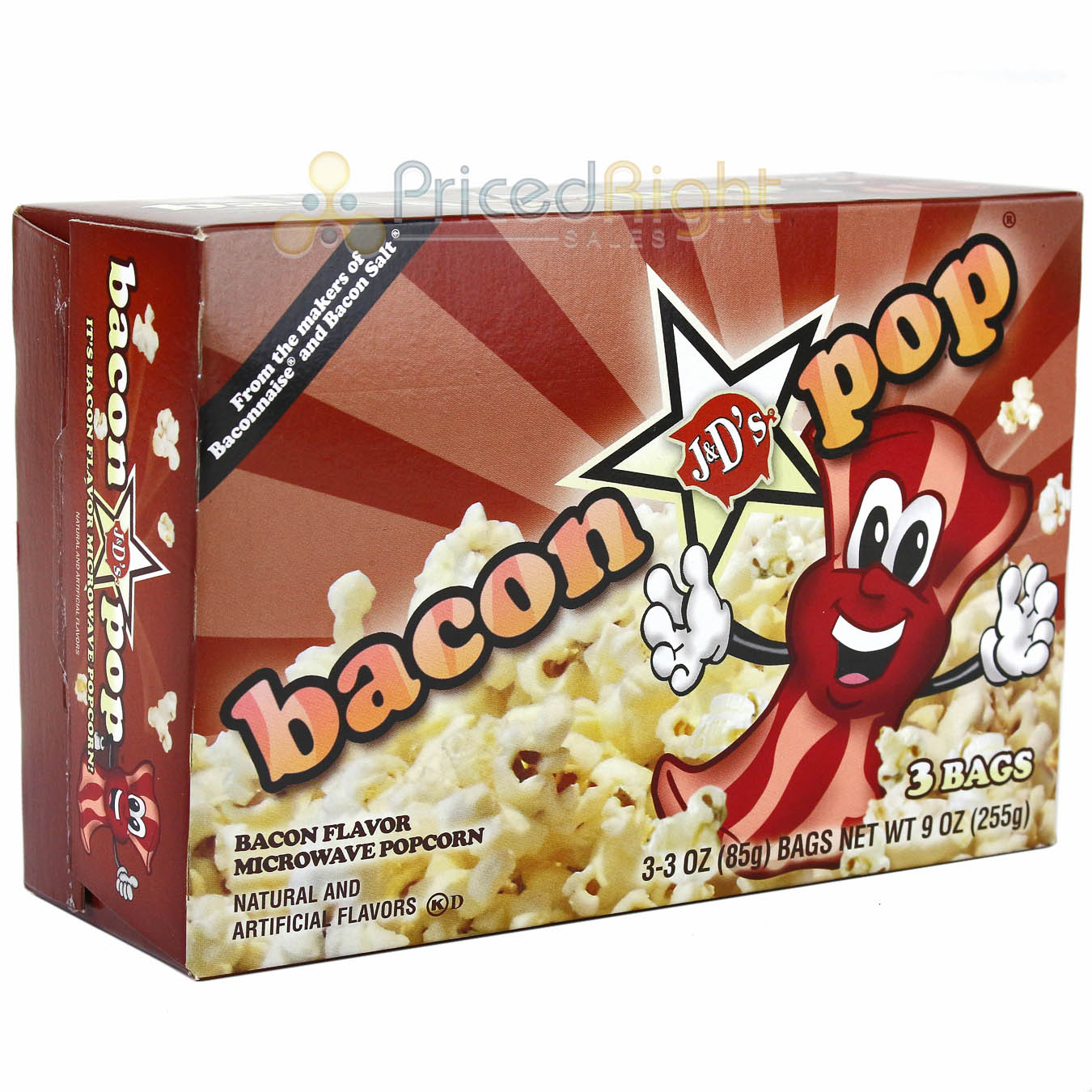 J&D's 3 Bag Bacon Flavored Microwave Popcorn 9oz Gluten and Cholesterol
