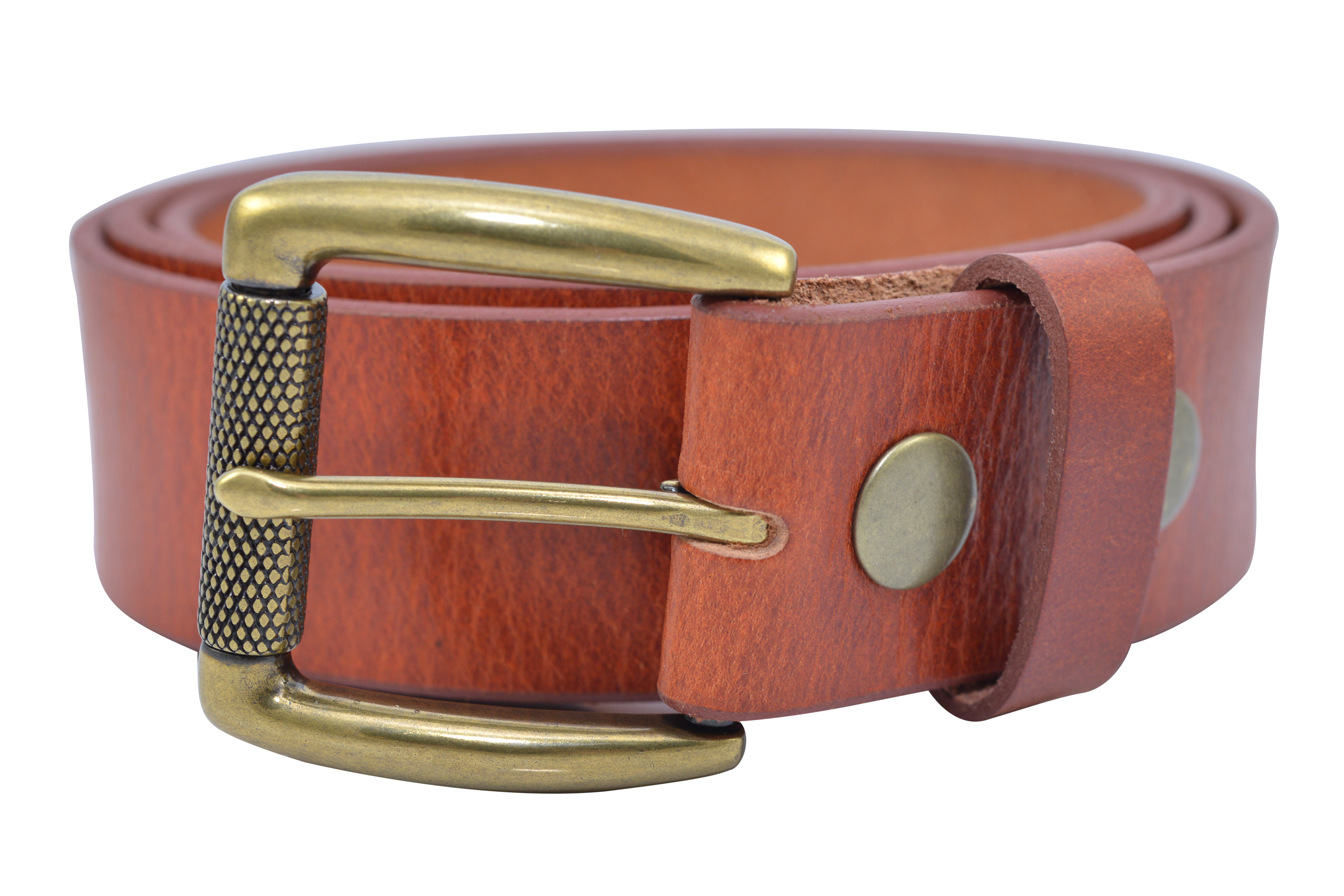 Full Grain Buffalo Leather Belt w/ Brass Roller Buckle Tan Solid