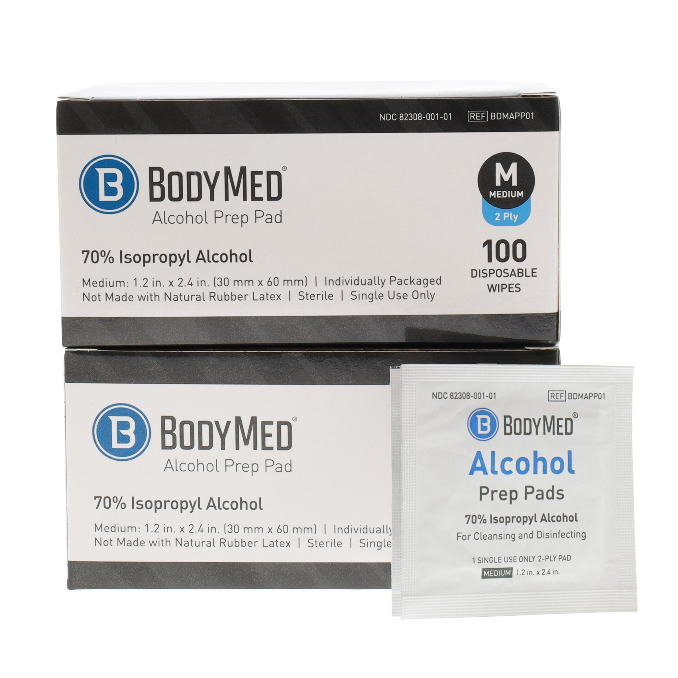 BodyMed Alcohol Prep Pads with 70% Isopropyl Alcohol, 200 Count - Individually Wrapped 1.2 in. x 2.4 in. Wipes - Great for Medical & First Aid Kits - Sterile, 2-Ply Swabs