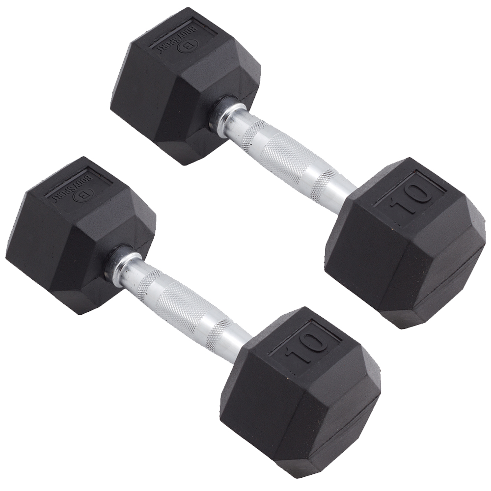 Body Sport Rubber Encased Hex Dumbbell Weight, 10 lb. (Pair) - Chrome, Anti-Slip Grip for Strength Training - Home Gym & Fitness Equipment