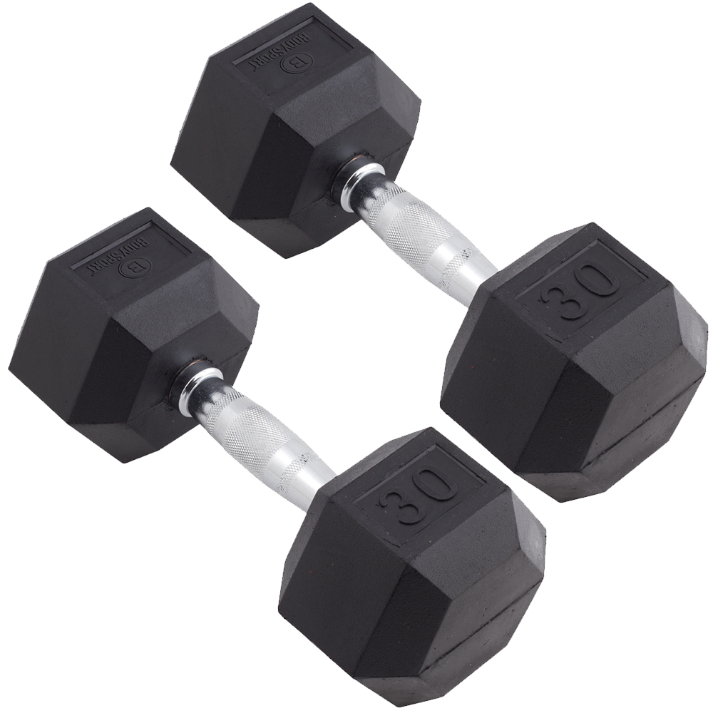 Body Sport Rubber Encased Hex Dumbbell Weight, 30 lb. (Pair) - Chrome, Anti-Slip Grip for Strength Training - Home Gym & Fitness Equipment