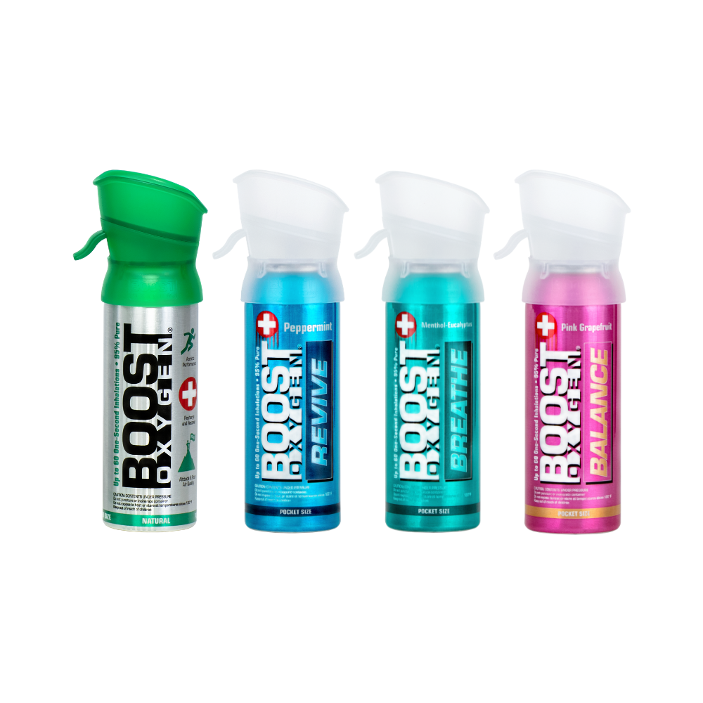 Boost Oxygen Pocket Size Variety Collection | Natural, Peppermint, Menthol-Eucalyptus & Pink Grapefruit (4 Pack)