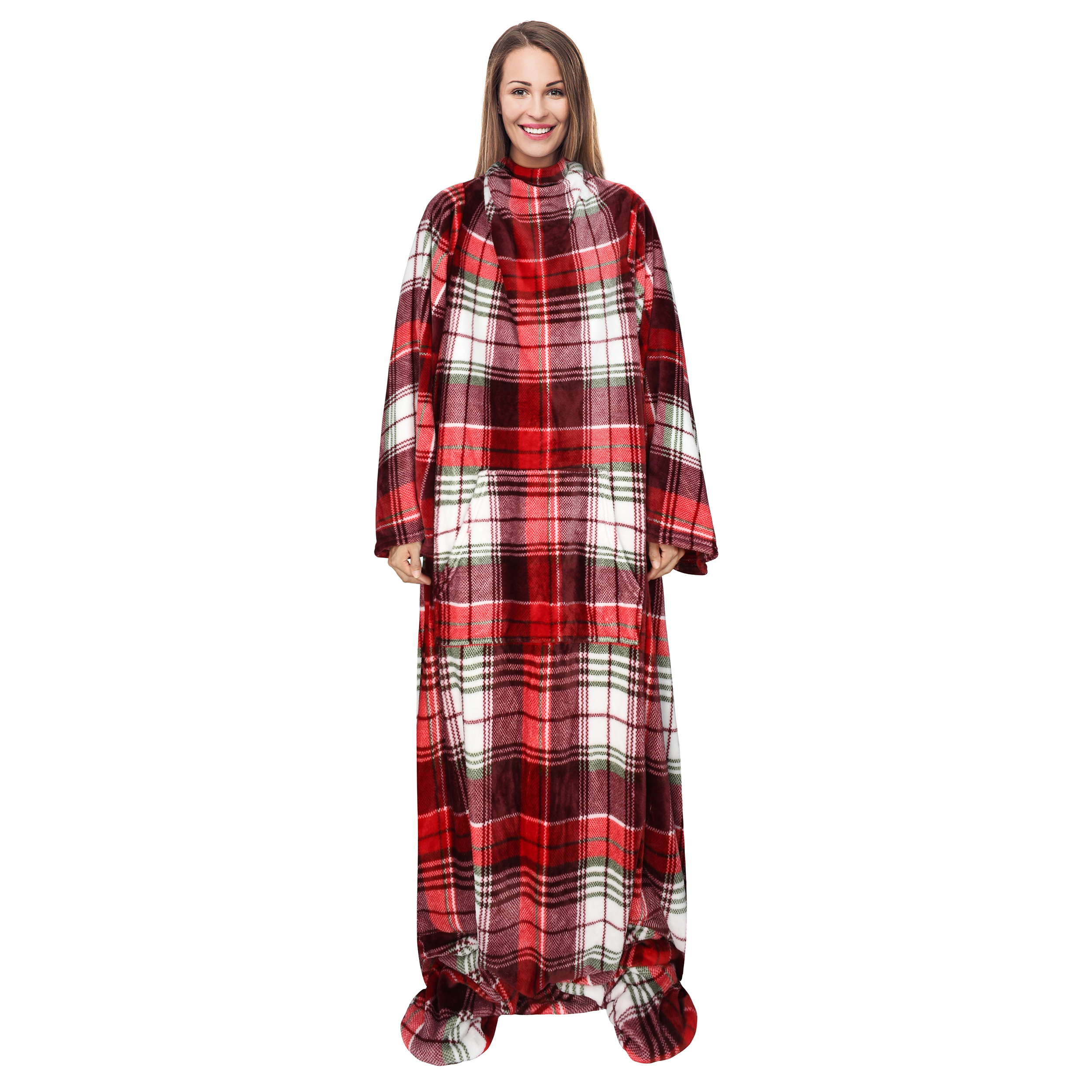 Fleece Blanket with Sleeves and Front Pocket Robe Wearable TV Blanket - Picture 2 of 7
