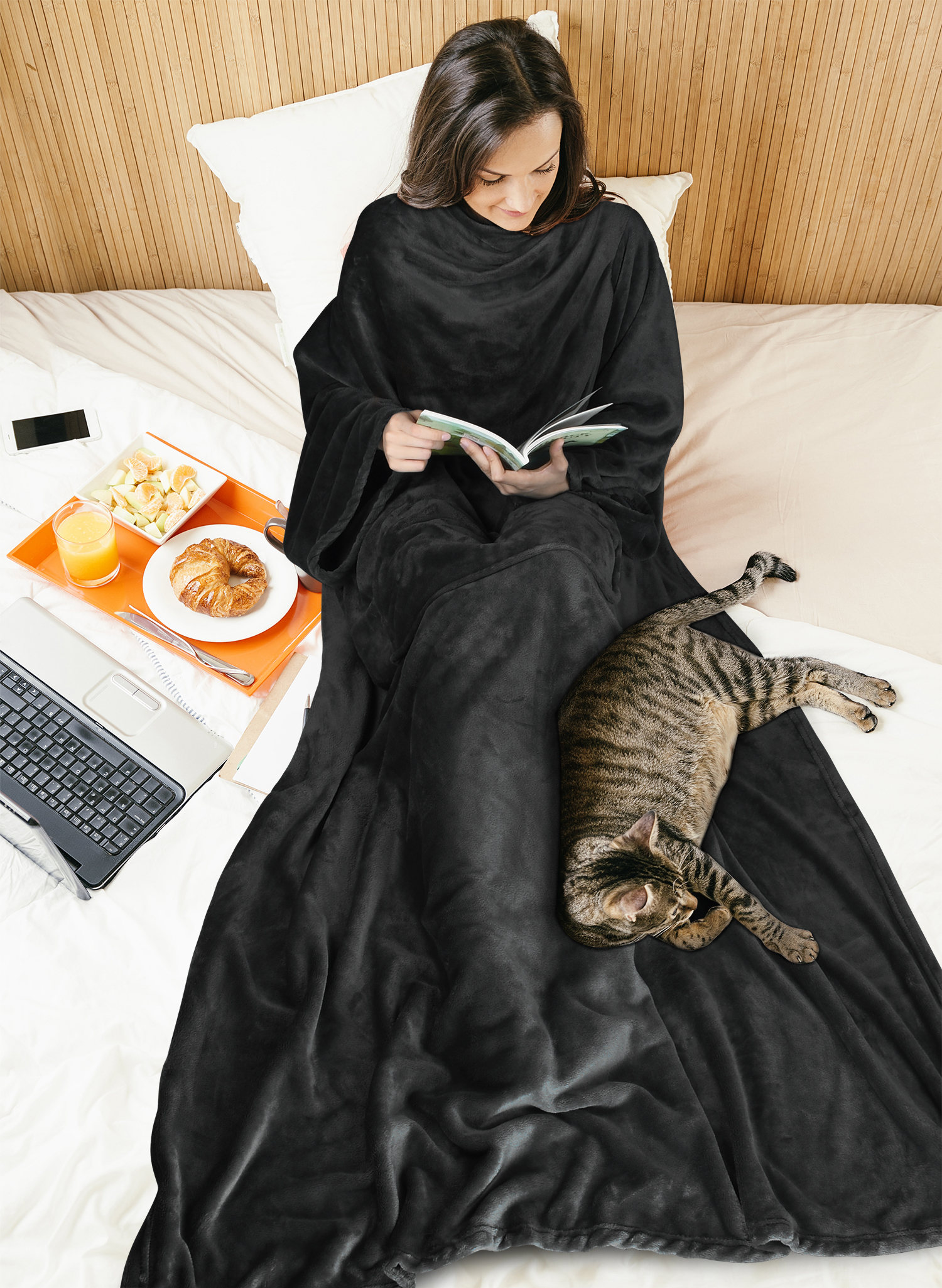 Fleece Soft Throw Blanket with Sleeves and Front Pocket Robe Wearable TV Blanket - Picture 6 of 54