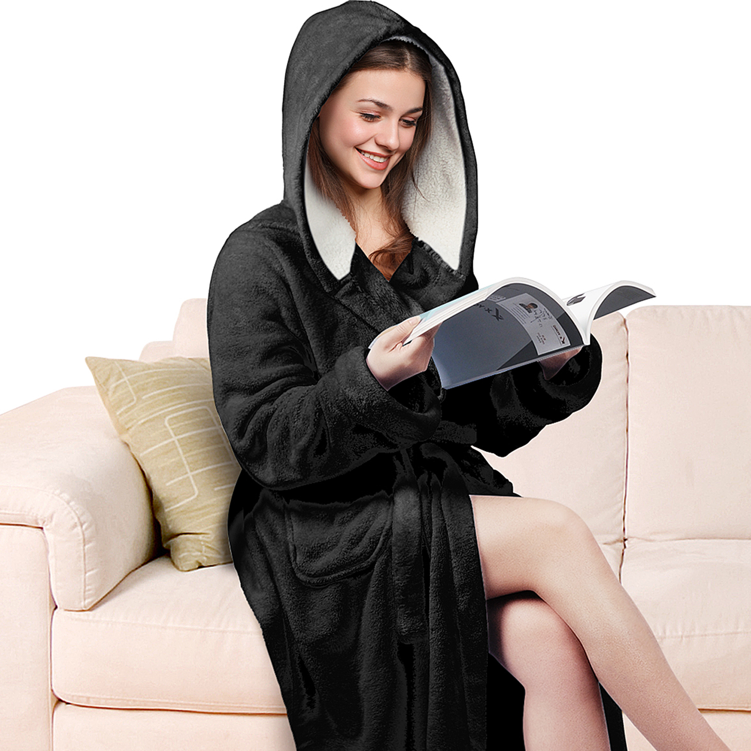 Womens Hooded Bathrobe Ladies Fluffy Sherpa Spa Long Robe Shawl Collar Warm Soft - Picture 2 of 10