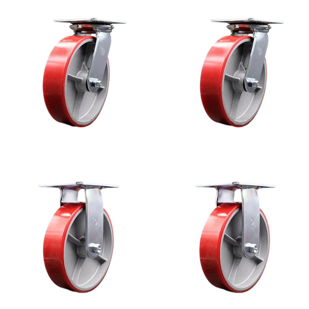 Heavy Duty Large Top Plate Polyurethane on Cast Iron Swivel Caster w/Main. Free Bearings Set of 4 w/8" x 2" Red Wheels - Includes 2 Swivel with Bolt on Swivel Locks & 2 Rigid - Service Caster Brand — photo 1