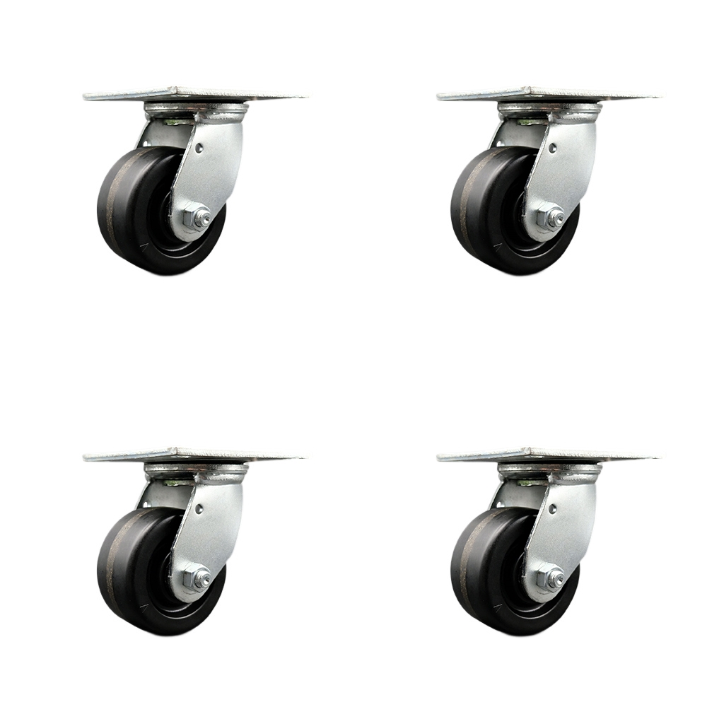 Swivel Casters w/4” x 2” Black Phenolic Wheels – Roller Wheel Bearings – 5” x 5-1/2” Overall Top Plates – 4-1/8” x 4-1/2” Bolt Hole Spacing – 3,200 lbs Total Capacity – Set of 4 – Service Caster Brand — photo 1