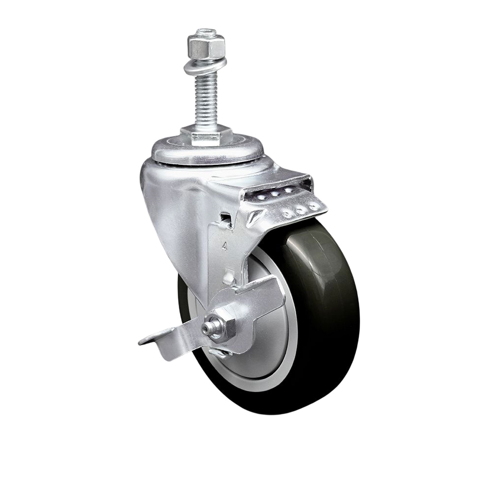 4" Swivel Caster with 10mm Threaded Stem, Black Polyurethane Wheel and Brake - 350 lbs. Capacity - Service Caster Brand — photo 1