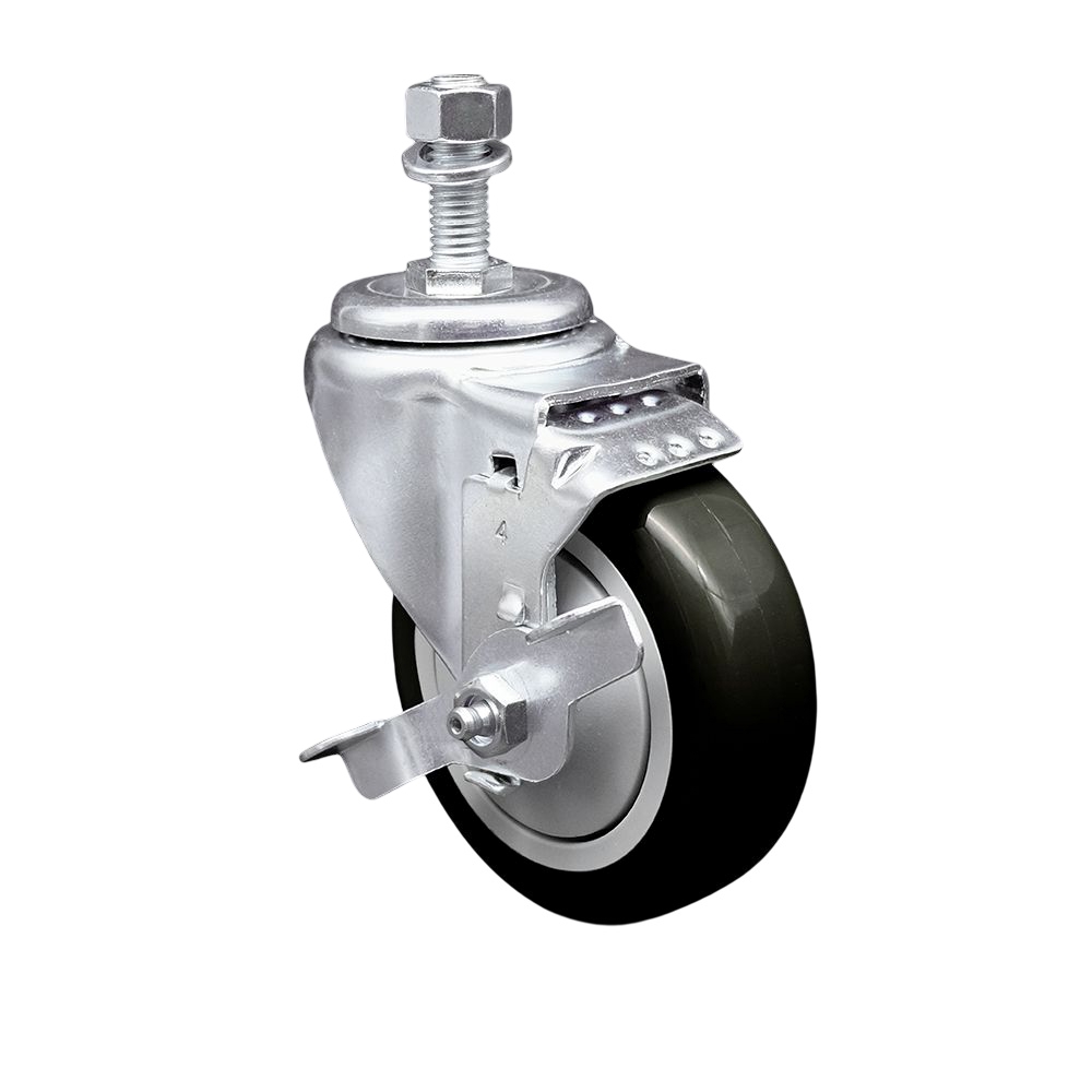 Service Caster Brand Replacement for Colson Caster 2.04254.95 MTG11 BRK1 - Polyurethane Swivel Threaded Stem Caster with 4" Black Wheel and 1/2" x 1" Stem & Top Locking Brake - 350 lbs Capacity/Caster — photo 1