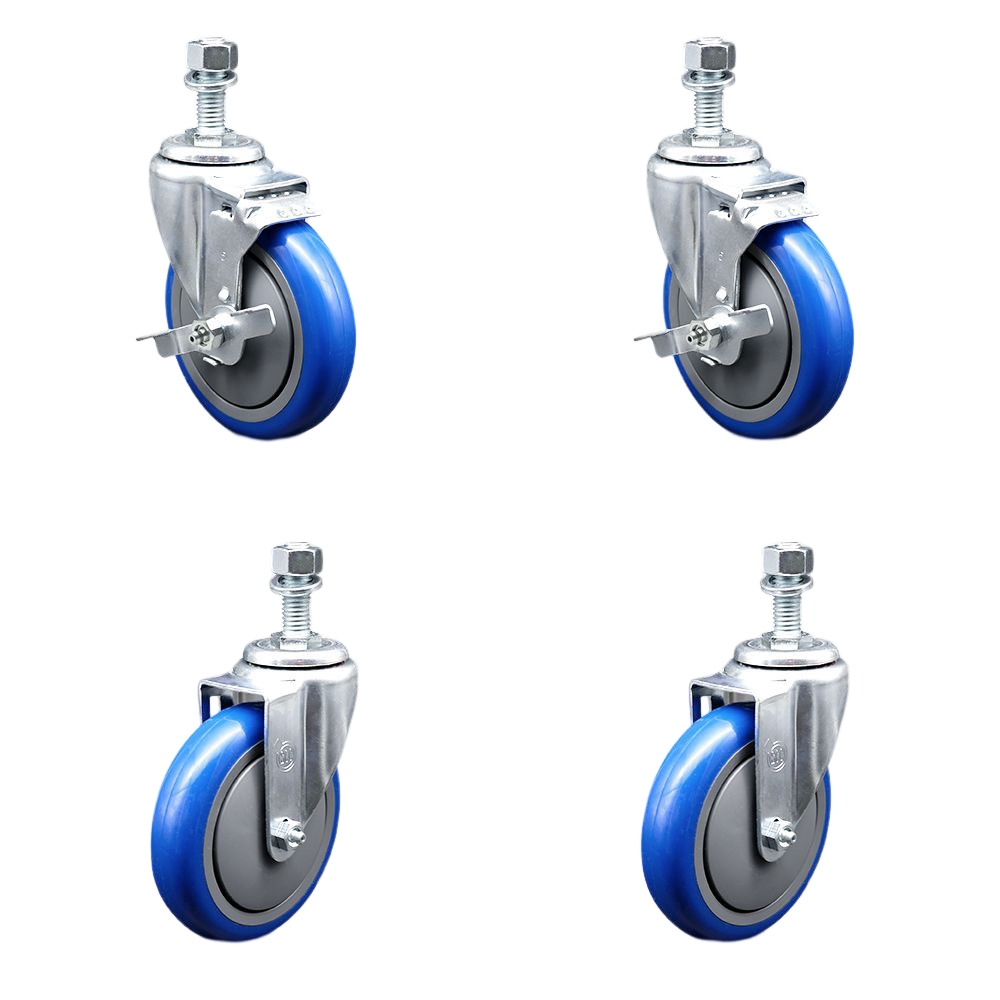Polyurethane Swivel Threaded Stem Caster Set of 4 w/5" x 1.25"  Blue Wheels and 12mm Stems - Includes 2 with Top Locking Brake - 1400 lbs Total Capacity - Service Caster Brand — photo 1
