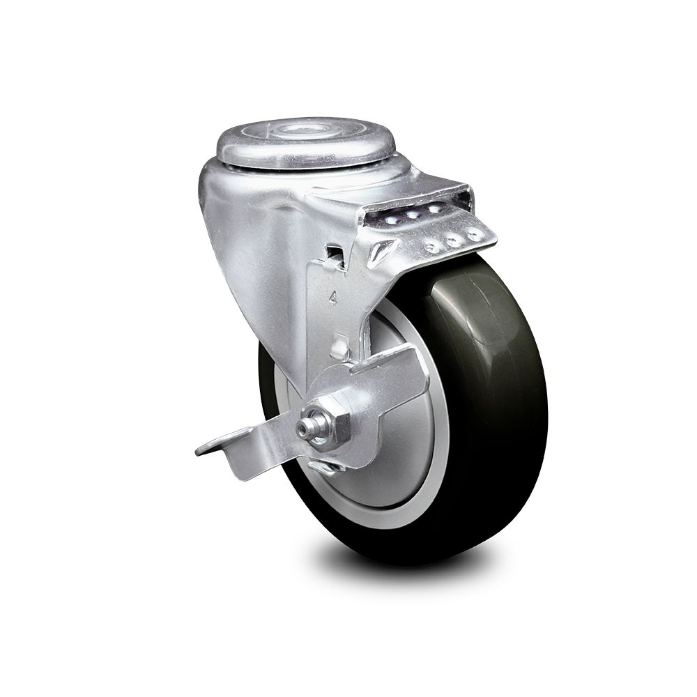 4" Swivel Caster with 1/2" Bolt Hole, Black Polyurethane Wheel and Brake - 350 lbs Capacity - Service Caster Brand — photo 1
