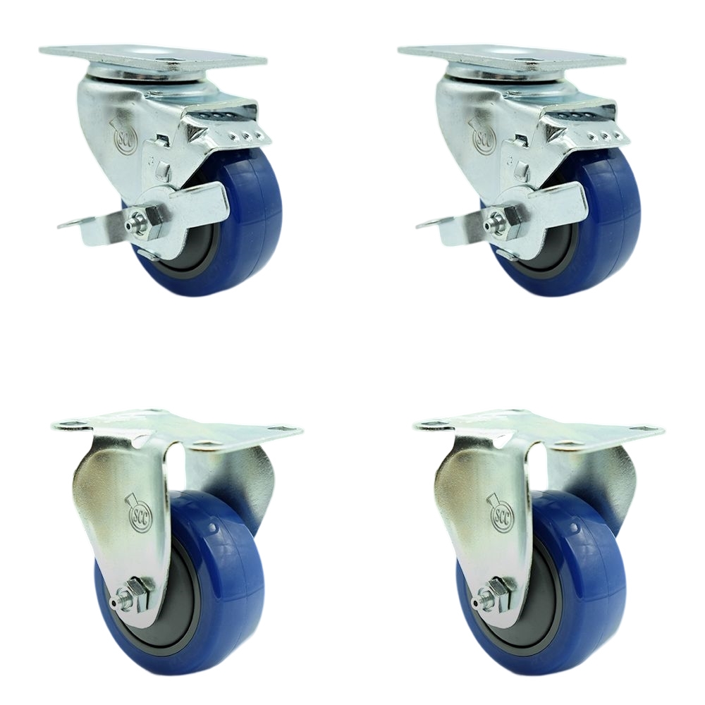 Stainless Steel Polyurethane Swivel Top Plate Caster Set of 4 w/3.5" x 1.25" Blue Wheels - Includes 2 Swivel with Top Locking Brakes & 2 Rigid - 1200 lbs Total Capacity - Service Caster Brand — photo 1