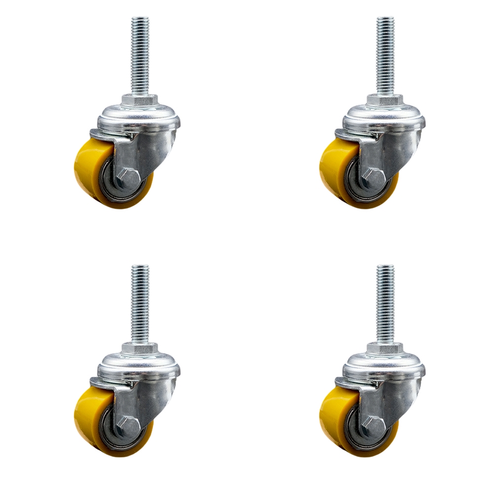 Low Profile Polyurethane Swivel Threaded Stem Caster Set of 4 w/35mm x 27mm Yellow Wheels and 10mm Stem - 880 lbs Total Capacity - Service Caster Brand — photo 1