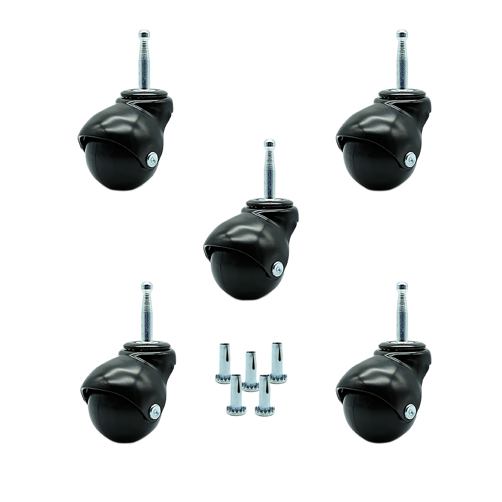 2 Inch Swivel Ball Caster Wheels for Furniture - Gloss Black Hooded Stem Casters with 5/16 Grip Neck Stem - 375 lbs. Total Capacity - Sockets Included - Set of 5 - Service Caster Brand — photo 1