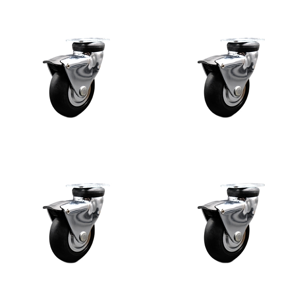 3 Inch Swivel Caster Wheels for Furniture - Bright Chrome Hooded Neoprene Rubber Wheel with Top Plate and Brake - Casters for Coffee Tables and Ottomans - Set of 4 - Service Caster Brand — photo 1
