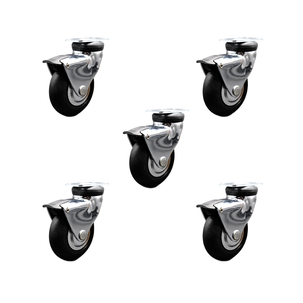 3 Inch Swivel Caster Wheels for Furniture - Bright Chrome Hooded Neoprene Rubber Wheel with Top Plate and Brake - Casters for Coffee Tables and Ottomans - Set of 5 - Service Caster Brand — photo 1
