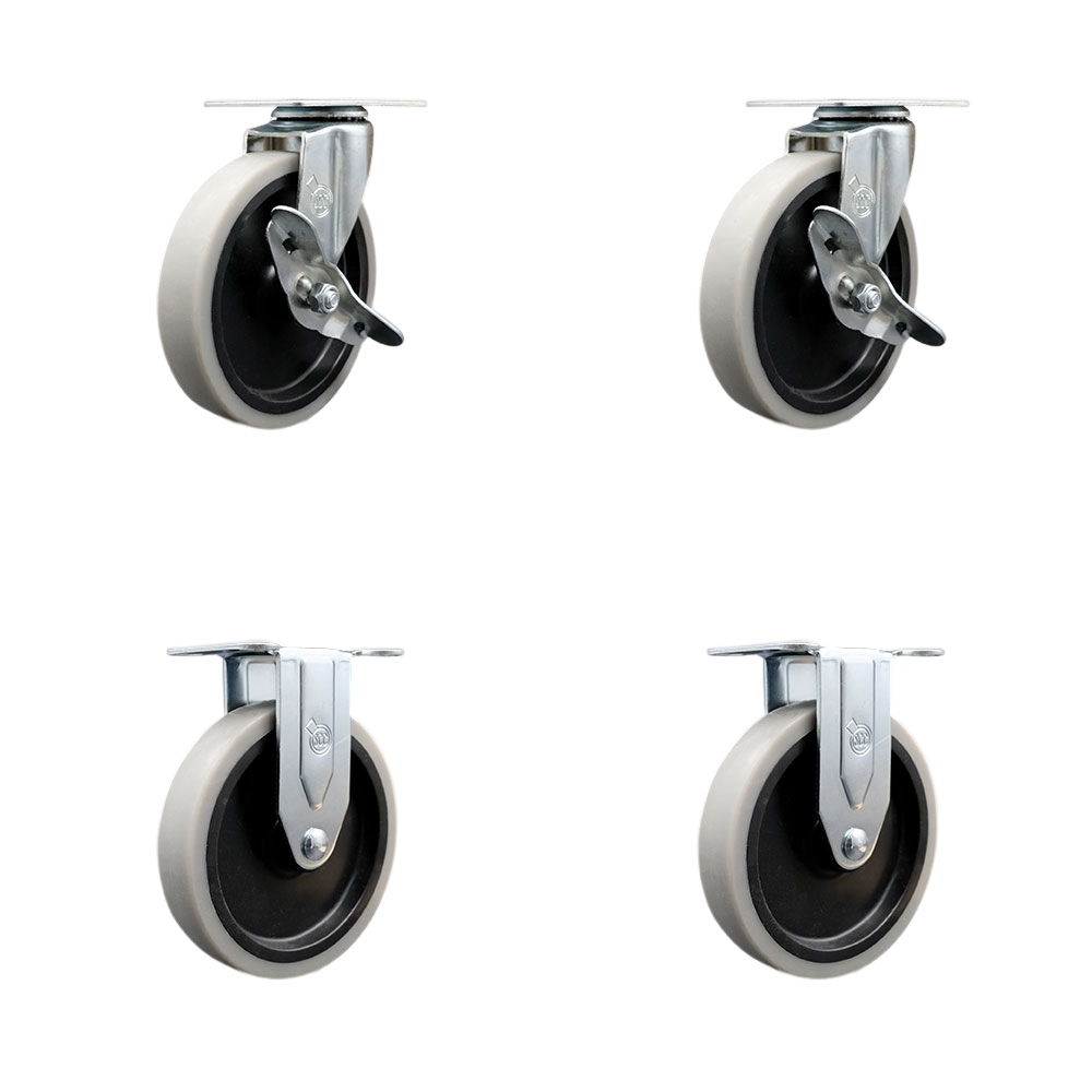 5 Inch Swivel Top Plate Thermoplastic Rubber Casters Set of 4 - Includes 2 Swivel Casters with Side Lock Brakes and 2 Rigid Casters - 520 lbs. Total Capacity - Service Caster Brand — photo 1