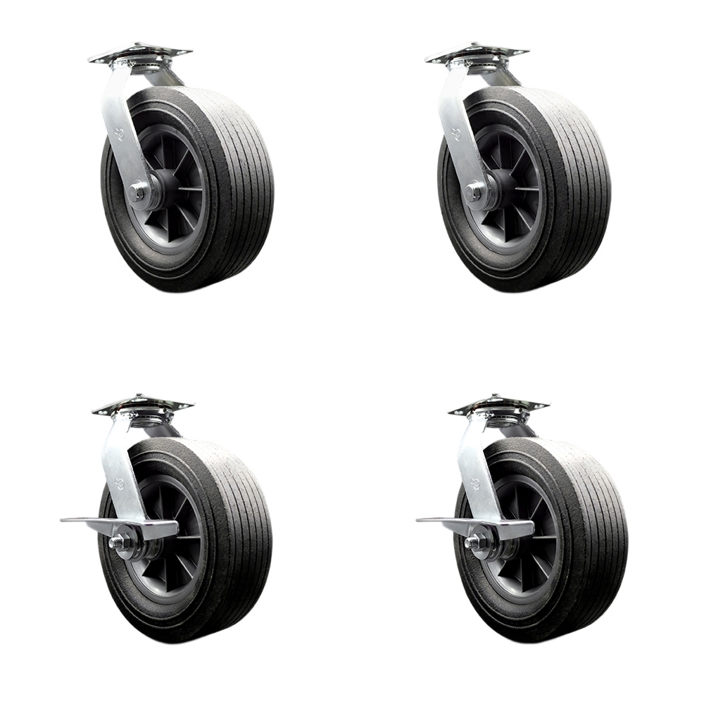 10 Inch Swivel Semi Pneumatic Casters Set of 4 - Black Solid Rubber Wheels - Includes 2 Swivel with Brakes and 2 Swivel - Heavy Duty Casters - 2,600 lbs. Total Capacity - Service Caster Brand — photo 1