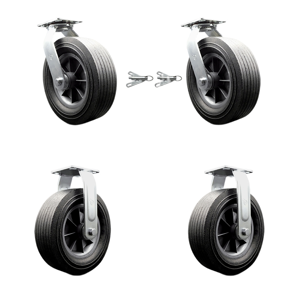 10 Inch Swivel Semi Pneumatic Casters Set of 4 - Black Solid Rubber Wheels - Includes 2 Swivel with Bolt on Swivel Locks and 2 Rigid-Heavy Duty Casters-2,600 lbs. Total Capacity - Service Caster Brand — photo 1