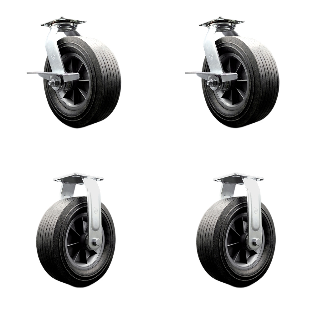 10 Inch Swivel Semi Pneumatic Casters Set of 4 - Black Solid Rubber Wheels - Includes 2 Swivel with Brakes and 2 Rigid - Heavy Duty Casters - 2,600 lbs. Total Capacity - Service Caster Brand — photo 1