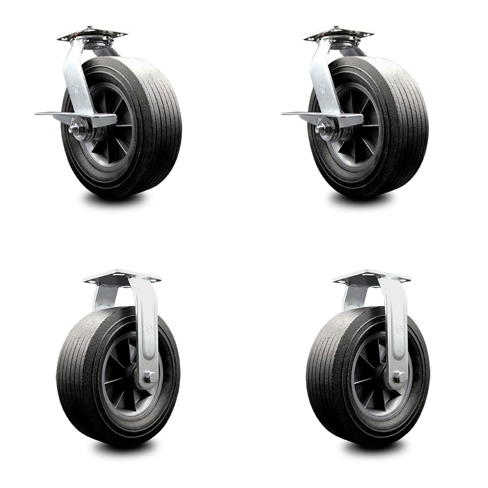 10 Inch Swivel Semi Pneumatic Casters Set of 4 - Black Solid Rubber Wheels - Includes 2 Swivel with Brakes and Bolt on Swivel Locks and 2 Rigid - Heavy Duty Casters - Service Caster Brand — photo 1