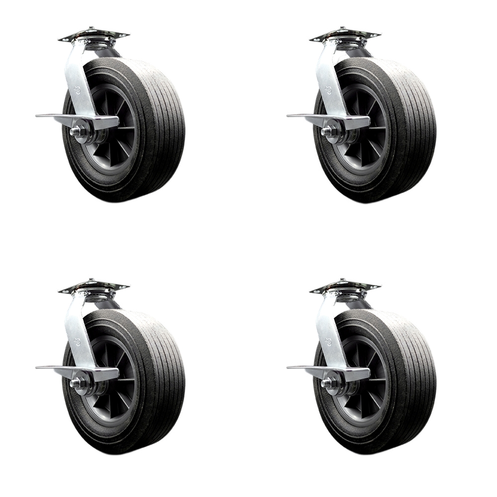 10 Inch Swivel Semi Pneumatic Casters Set of 4 - Black Solid Rubber Wheels - Includes 2 Swivel with Brakes and Bolt on Swivel Locks and 2 Swivel with Brakes - Heavy Duty Casters - Service Caster Brand — photo 1