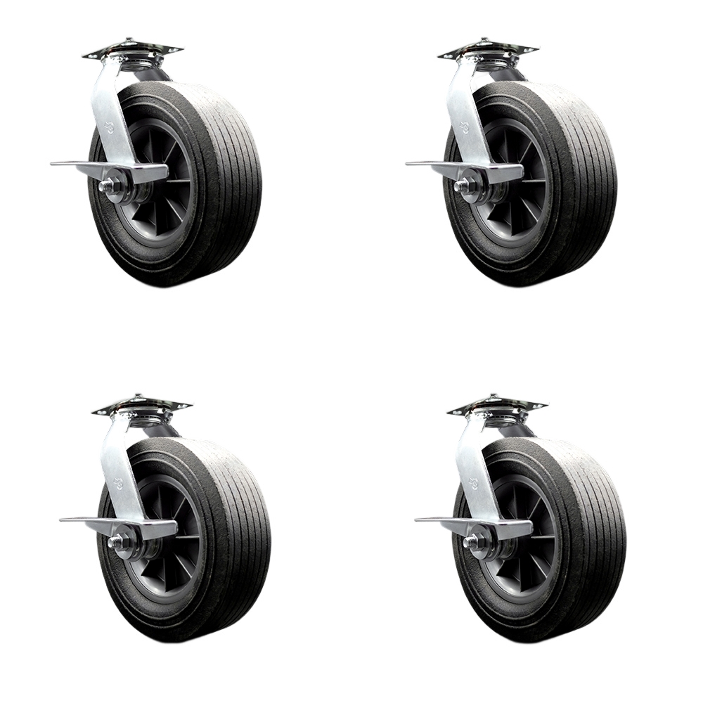 10 Inch Swivel Semi Pneumatic Casters Set of 4 - Black Solid Rubber Wheels - Includes 4 Swivel with Side Lock Brakes and Bolt on Swivel Locks - Heavy Duty Casters - Service Caster Brand — photo 1