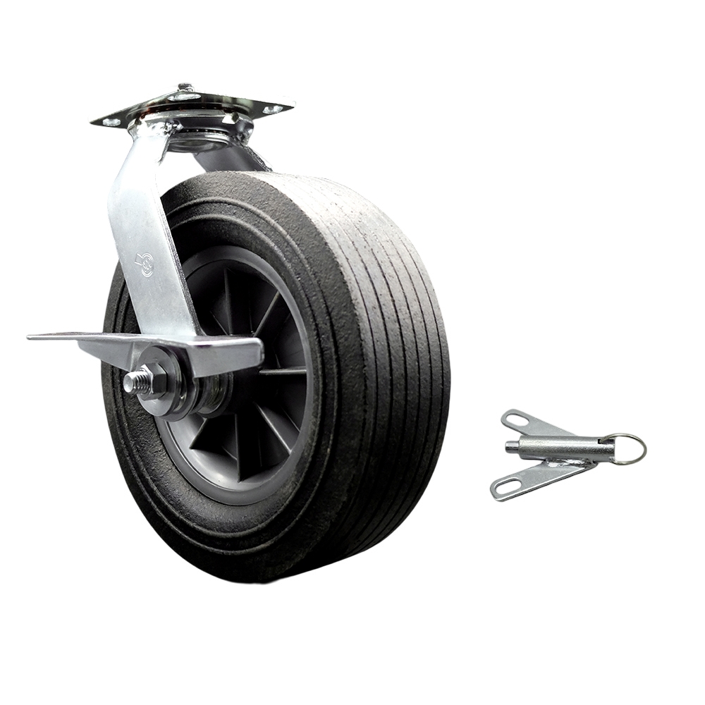 10 Inch Swivel Semi Pneumatic Caster - Black Solid Rubber Wheel and Side Lock Brake and Bolt on Swivel Lock - Heavy Duty Caster - 650 lbs. Capacity/Caster - Service Caster Brand — photo 1