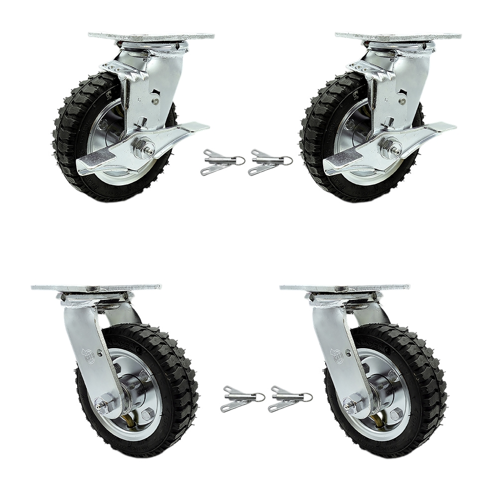 6 Inch Swivel Pneumatic Casters Set of 4 - Black Rubber Wheels - Includes 2 Swivel with Brakes and Bolt on Swivel Locks and 2 Swivel with Bolt on Swivel Locks-Heavy Duty Casters - Service Caster Brand — photo 1