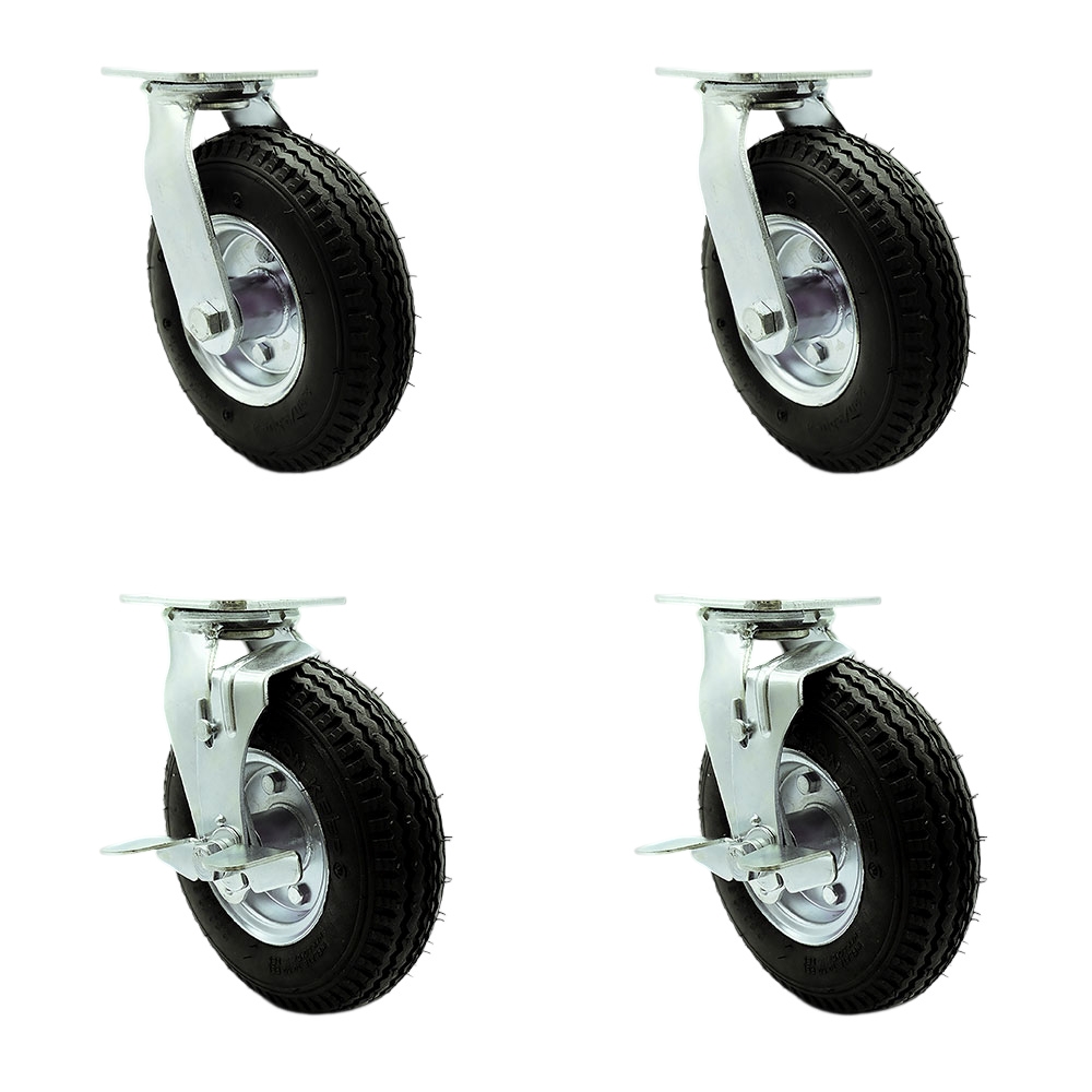 8 Inch Swivel Pneumatic Casters Set of 4 - Black Rubber Wheels - Includes 2 Swivel with Bolt on Swivel Locks and 2 Swivel with Brakes-Heavy Duty Casters-1,200 lbs. Total Capacity- Service Caster Brand — photo 1