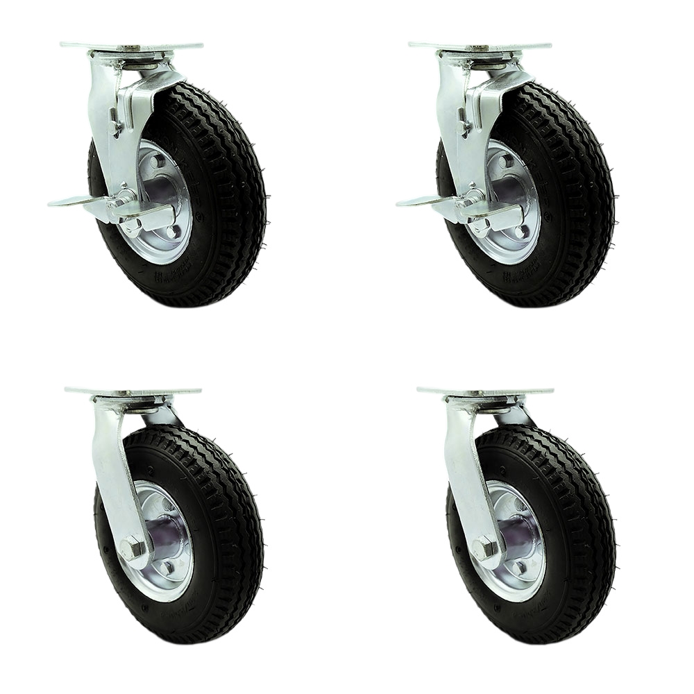 8 Inch Swivel Pneumatic Casters Set of 4 - Black Rubber Wheels - Includes 2 Swivel with Brakes and Bolt on Swivel Locks and 2 Swivel with Bolt on Swivel Locks-Heavy Duty Casters - Service Caster Brand — photo 1