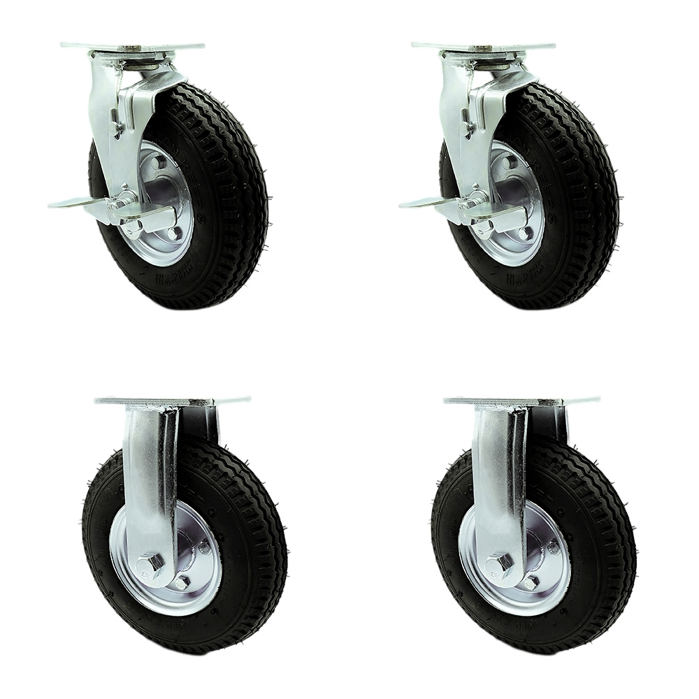 8 Inch Swivel Pneumatic Casters Set of 4 - Black Rubber Wheels - Includes 2 Swivel with Brakes and Bolt on Swivel Locks and 2 Rigid -Heavy Duty Casters-1,200 lbs. Total Capacity - Service Caster Brand — photo 1