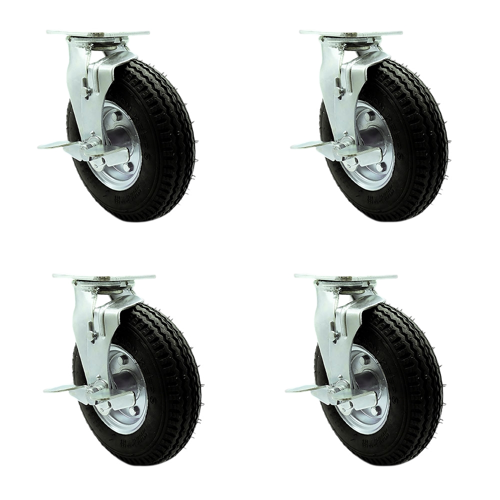 8 Inch Swivel Pneumatic Casters Set of 4 - Black Rubber Wheels - Includes 2 Swivel with Brakes and Bolt on Swivel Locks and 2 Swivel with Brakes - Heavy Duty Casters - Service Caster Brand — photo 1