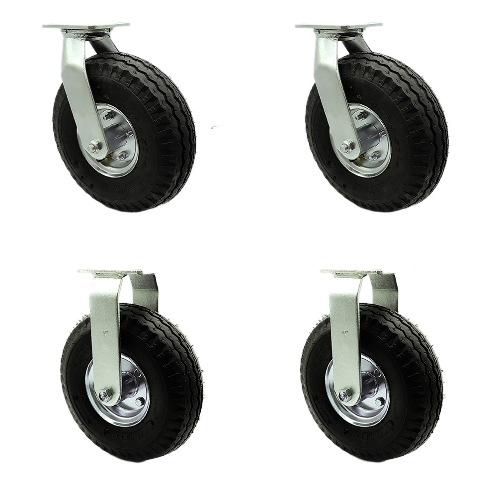 10 Inch Swivel Pneumatic Casters Set of 4 - Black Rubber Wheels - Includes 2 Swivel with Bolt on Swivel Locks and 2 Rigid - Heavy Duty Casters - 1,400 lbs. Total Capacity - Service Caster Brand — photo 1