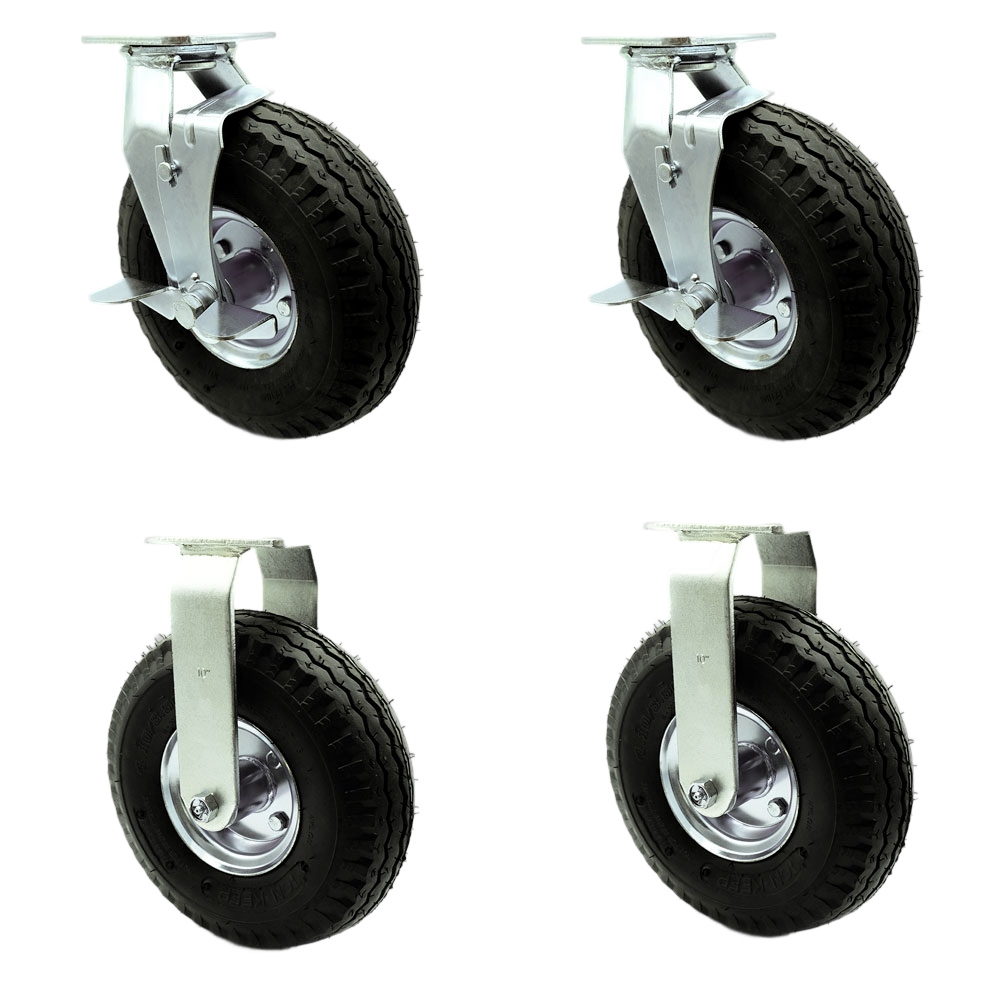 10 Inch Swivel Pneumatic Casters Set of 4 - Black Rubber Wheels - Includes 2 Swivel with Brakes and 2 Rigid - Heavy Duty Casters - 1,400 lbs. Total Capacity - Service Caster Brand — photo 1