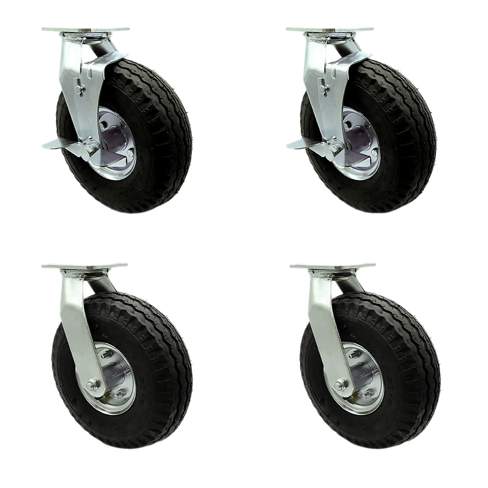 10 Inch Swivel Pneumatic Casters Set of 4 - Black Rubber Wheels - Includes 2 Swivel with Brakes and Bolt on Swivel Locks and 2 Swivel with Bolt on Swivel Locks-Heavy Duty Casters- Service Caster Brand — photo 1
