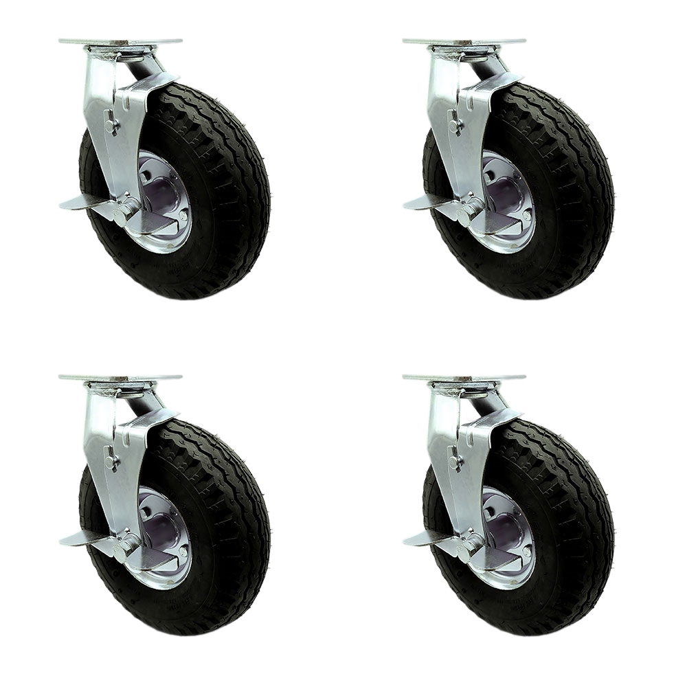10 Inch Swivel Pneumatic Casters Set of 4 - Black Rubber Wheels - Includes 2 Swivel with Brakes and Bolt on Swivel Locks and 2 Swivel with Brakes - Heavy Duty Casters - Service Caster Brand — photo 1