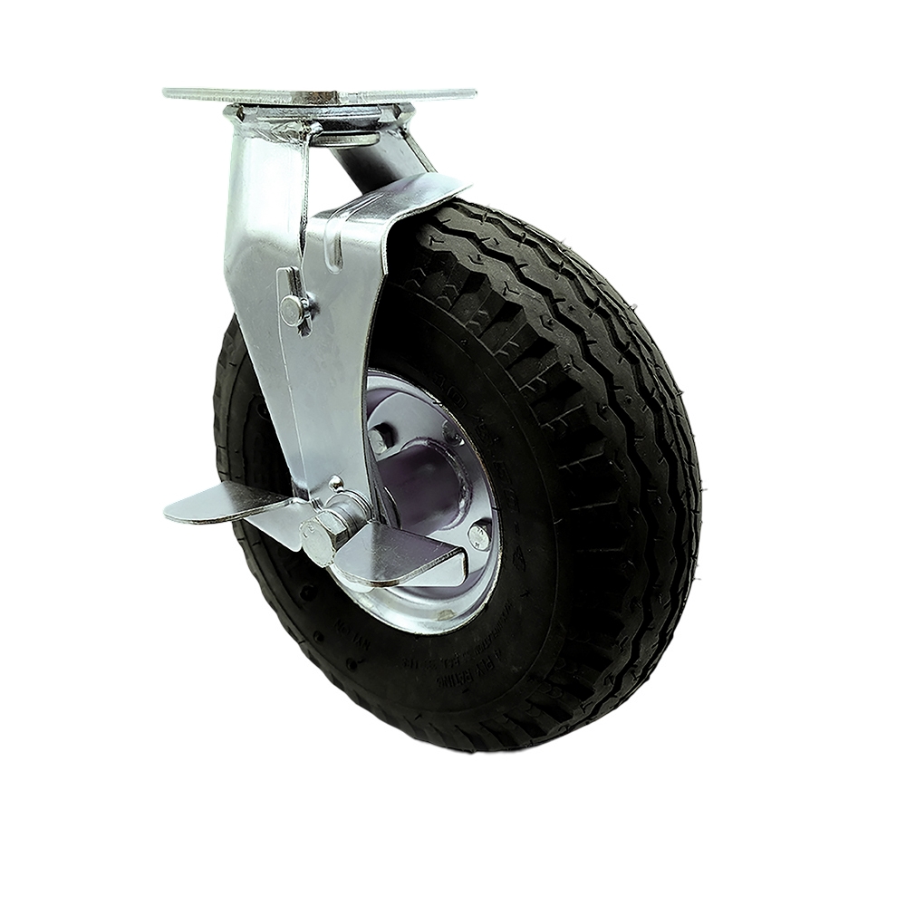 10 Inch Swivel Pneumatic Caster - Black Rubber Wheel and Top Lock Brake and Bolt on Swivel Lock - Heavy Duty Caster - 350 lbs. Capacity/Caster - Service Caster Brand — photo 1
