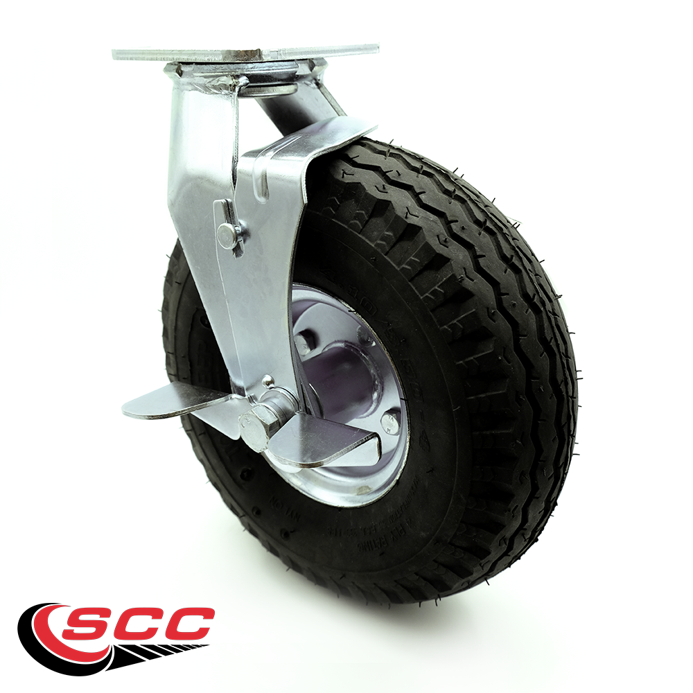10 Inch Swivel Pneumatic Caster - Black Rubber Wheel and Top Lock Brake - Heavy Duty Caster - 350 lbs. Capacity/Caster - Service Caster Brand — photo 1