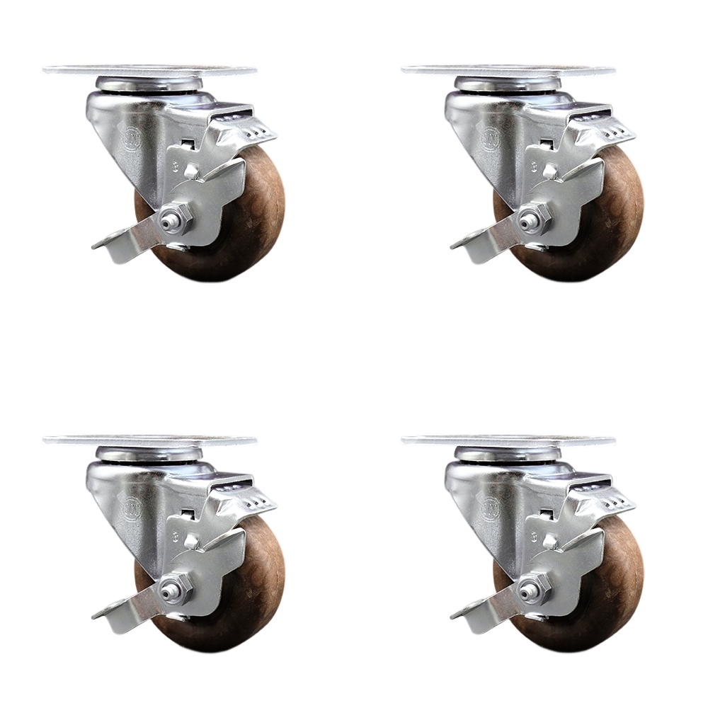 High Temperature Glass Filled Nylon Swivel Top Plate Caster Set of 4 with 3 Inch Brown Wheels - Includes 4 Swivel with Top Lock Brakes - 1400 lbs. Total Capacity - Service Caster Brand — photo 1