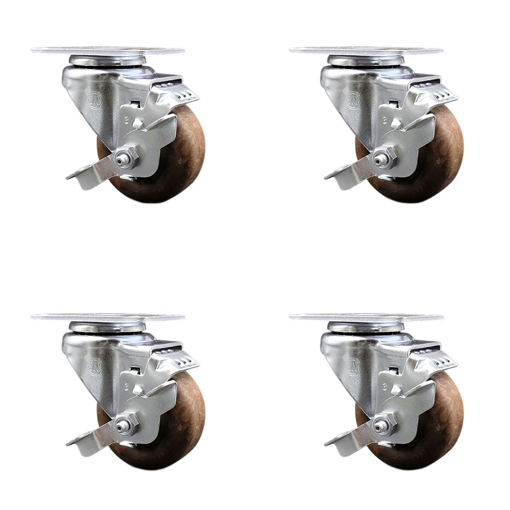 High Temperature Swivel Caster Set of 4 with Brakes - 3 Inch High Temperature Glass Filled Nylon Wheel – 350 lbs. Capacity Per Caster – 3-1/8 Inch x 4-1/8 Inch Overall Top Plate–Service Caster Brand — photo 1