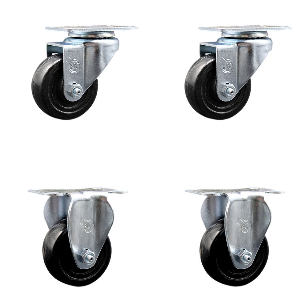 Hard Rubber Swivel Top Plate Caster Set of 4 with 3 Inch Black Wheels - Includes 2 Swivel and 2 Rigid - 1100 lbs. Total Capacity - Service Caster Brand — photo 1