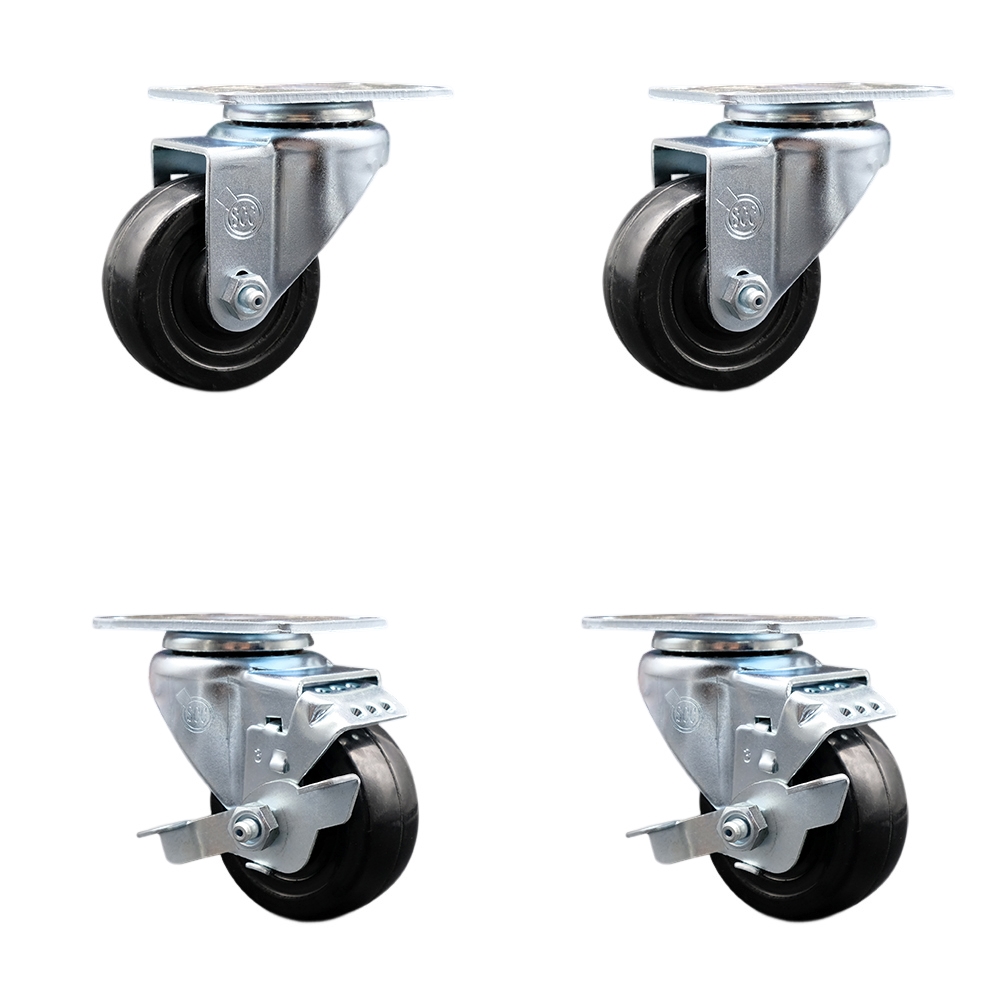 Hard Rubber Swivel Top Plate Caster Set of 4 with 3 Inch Black Wheels - Includes 2 Swivel with Top Locking Brakes and 2 Swivel - 1100 lbs. Total Capacity - Service Caster Brand — photo 1