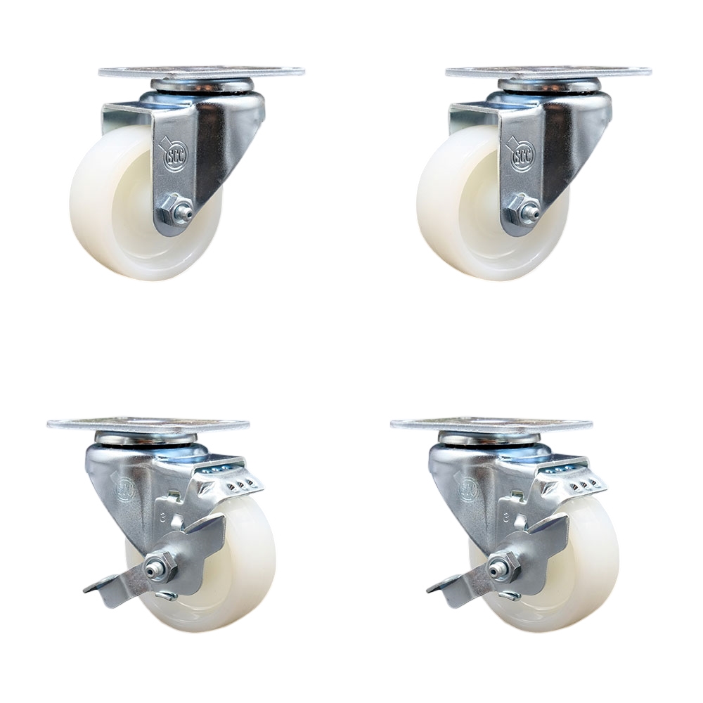 Nylon Swivel Top Plate Caster Set of 4 with 3 Inch White Wheels - Includes 2 Swivel with Top Locking Brakes and 2 Swivel - 1200 lbs. Total Capacity - Service Caster Brand — photo 1